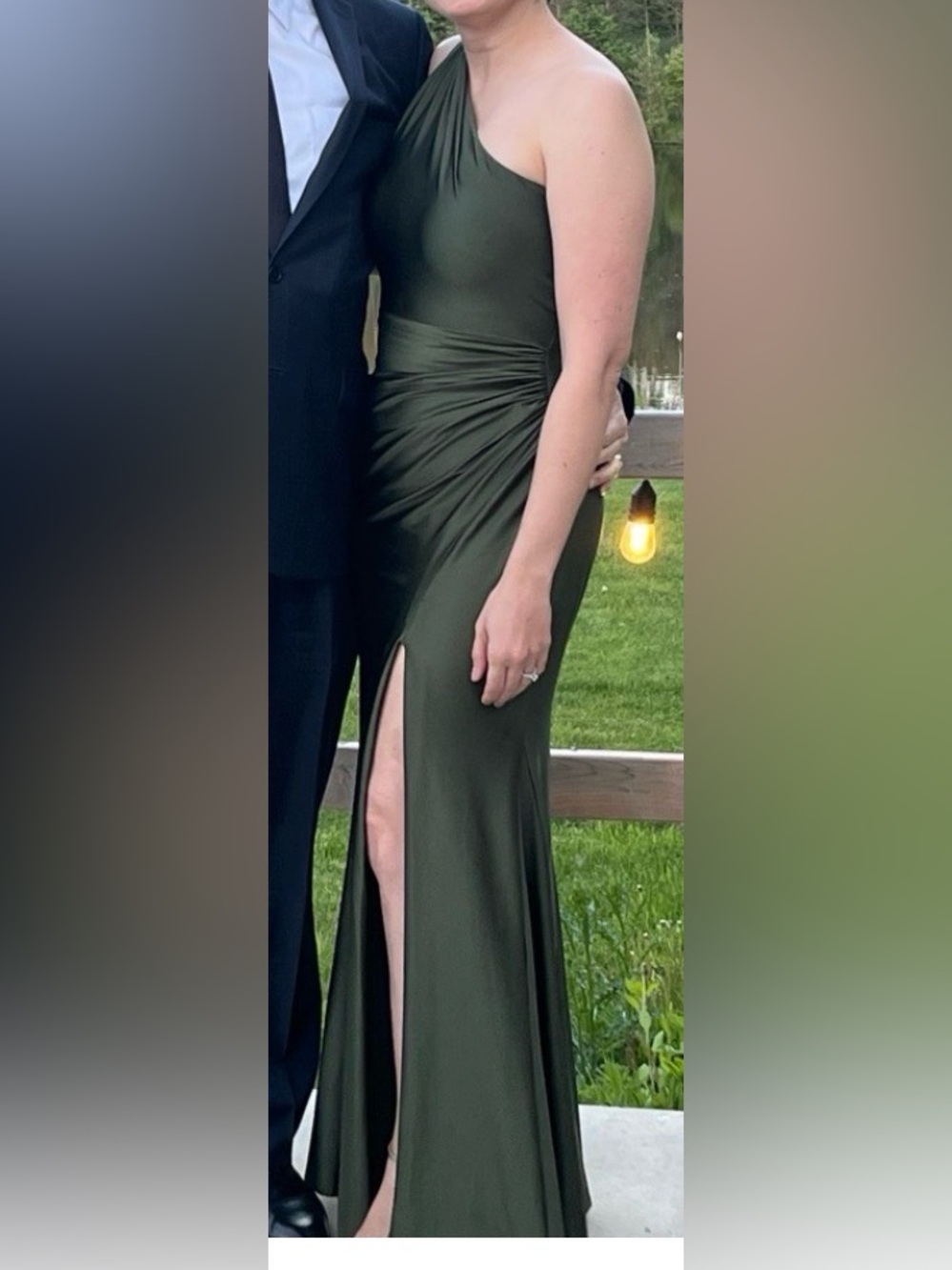 One-Shoulder Olive Green Evening Gown with Side Ruched Detail